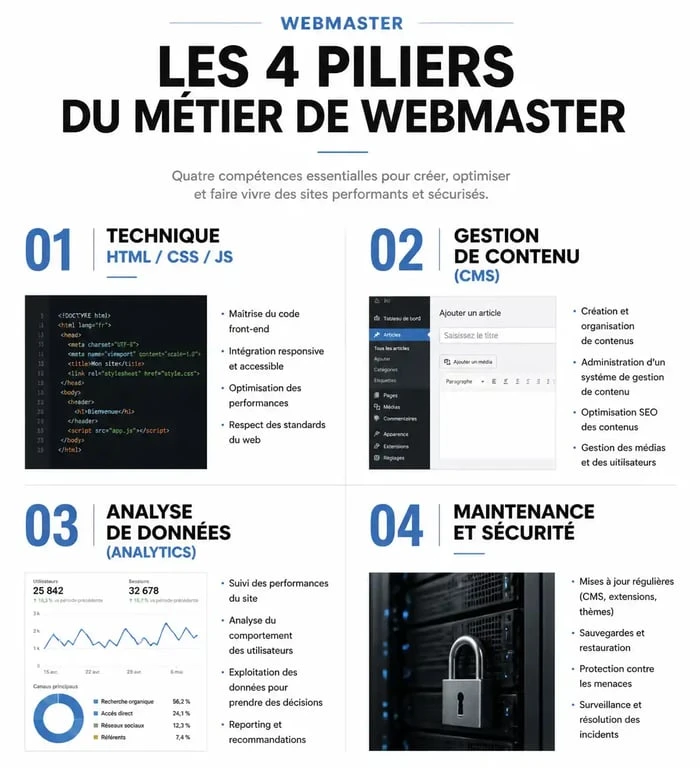 Infographie des compétences clés pour devenir webmaster : technique, contenu, analyse et sécurité.