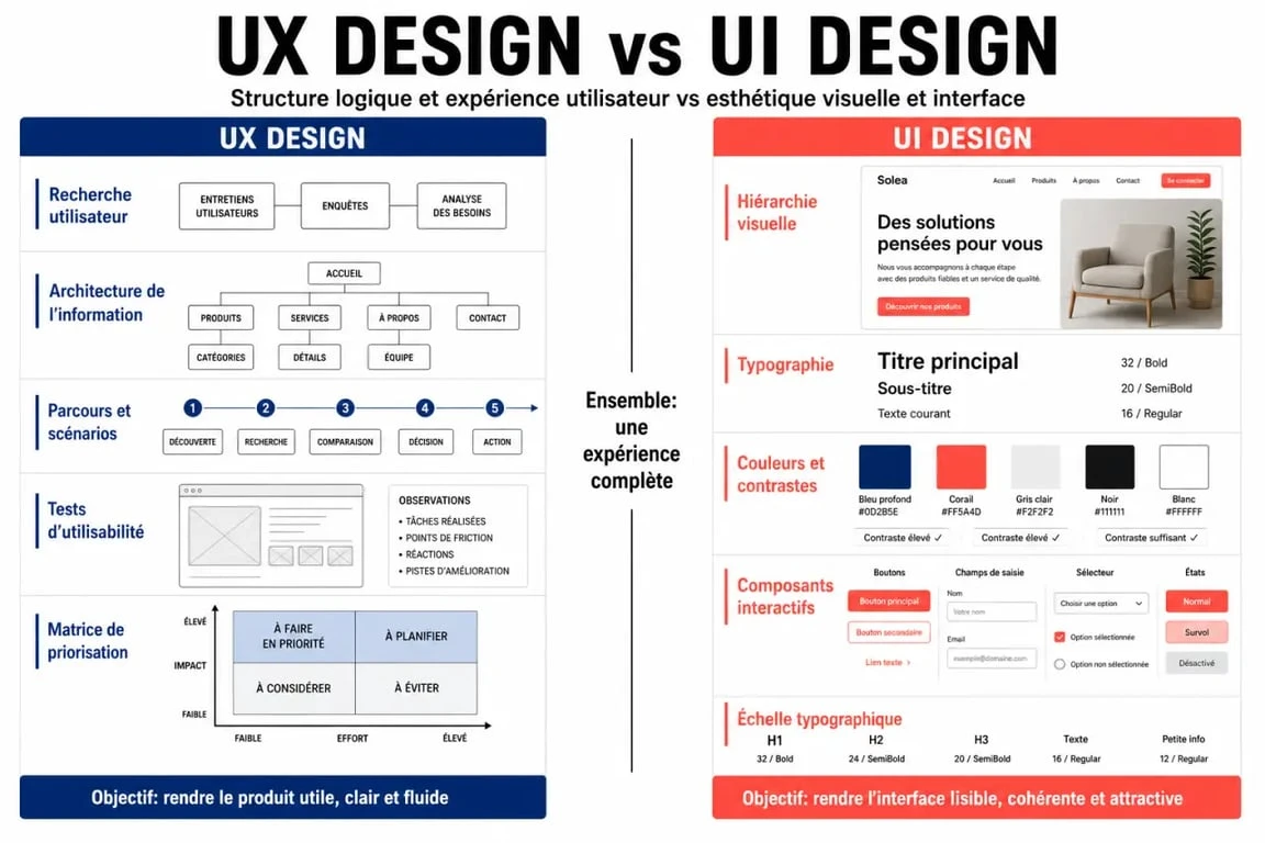 Infographie comparative UX Design vs UI Design pour comprendre les différences entre l'expérience utilisateur et l'interface utilisateur.