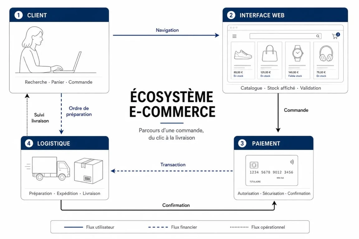Schéma explicatif du fonctionnement d'une boutique en ligne e-commerce