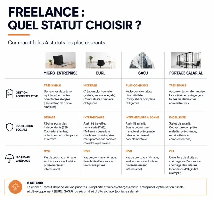 Tableau comparatif des statuts juridiques pour freelance : micro-entreprise, EURL, SASU et portage salarial.