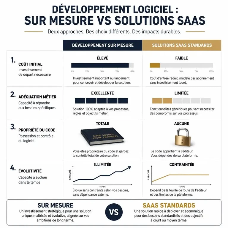 Infographie comparative : développement sur mesure vs logiciel SaaS pour entreprise
