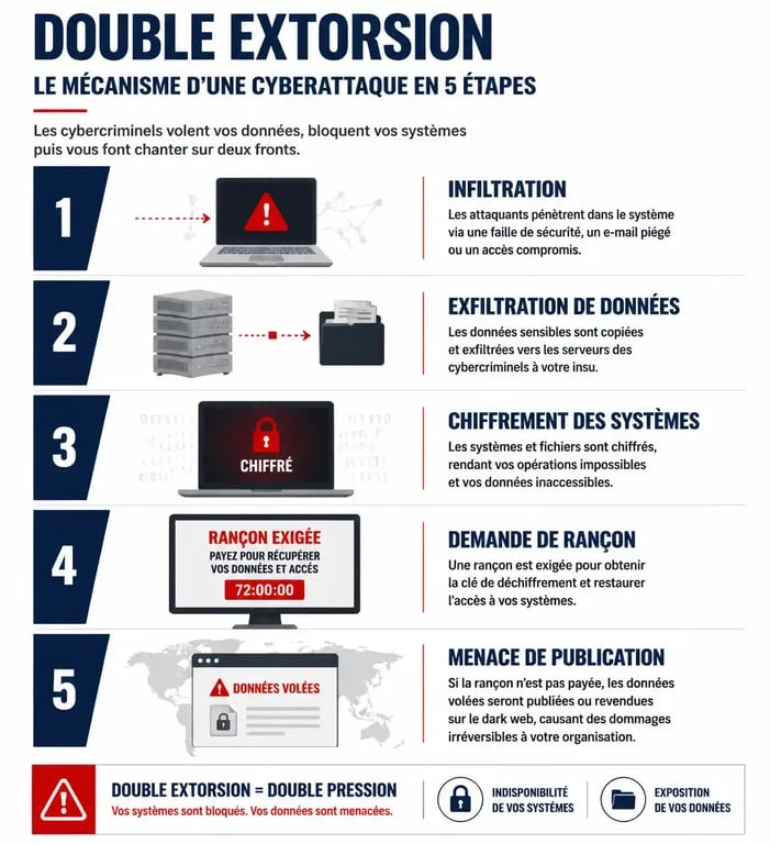 Schéma explicatif de la double extorsion lors d'une cyberattaque visant Atos