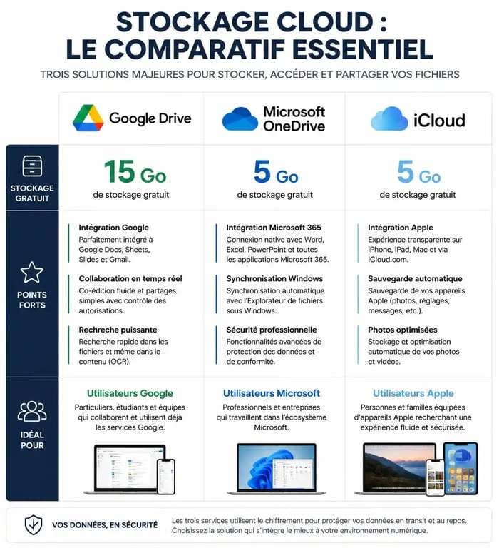 Infographie comparative des services de stockage cloud : Google Drive, OneDrive et iCloud pour choisir le meilleur cloud.