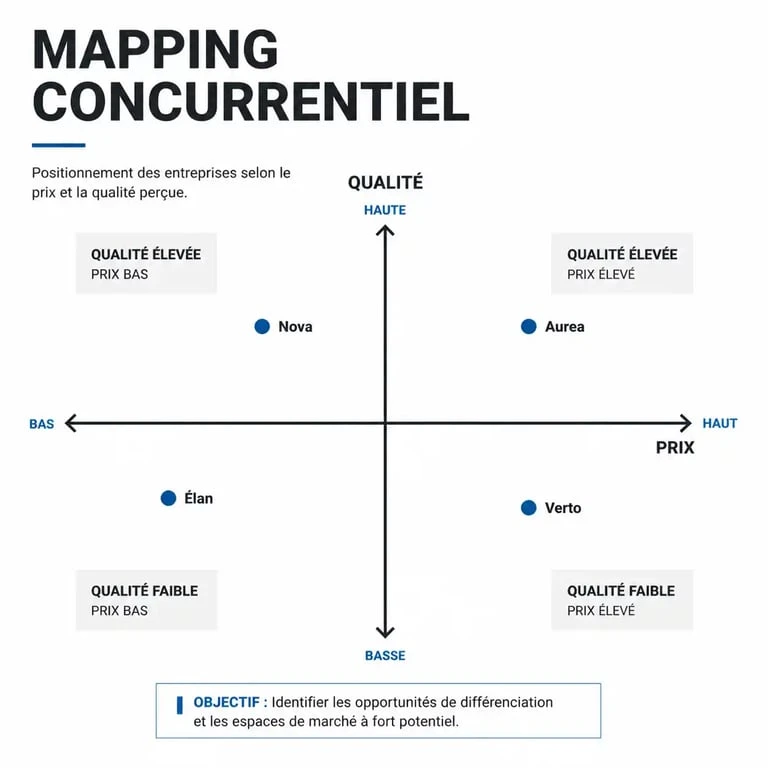 Infographie illustrant un mapping concurrentiel pour définir le positionnement d'une entreprise sur un marché