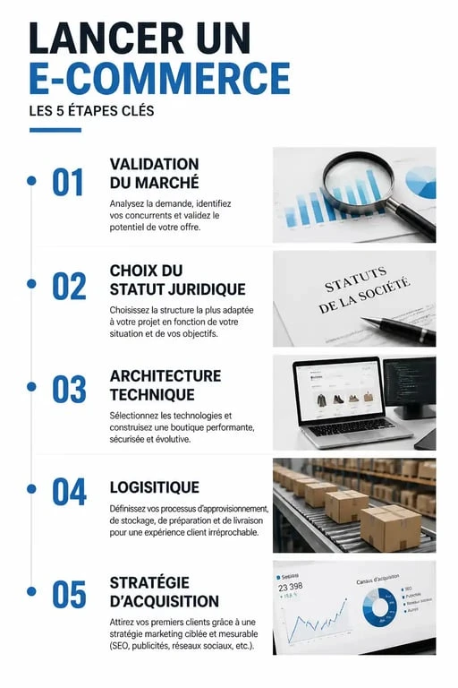 Infographie des étapes pour se lancer dans le e-commerce