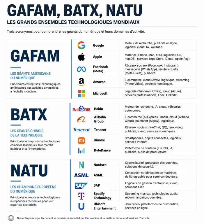 Infographie comparative des géants du numérique GAFAM, BATX et NATU