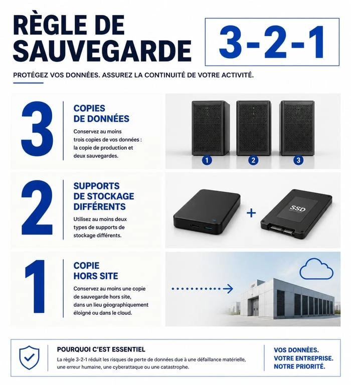 Infographie illustrant la règle 3-2-1 pour une solution de sauvegarde entreprise robuste.