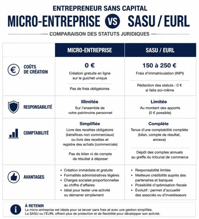 Comparatif des statuts juridiques pour monter son entreprise sans argent : micro-entreprise, SASU et EURL.