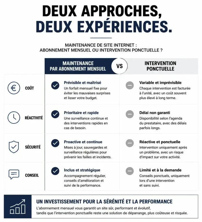 Comparatif maintenance site internet : abonnement mensuel vs intervention ponctuelle