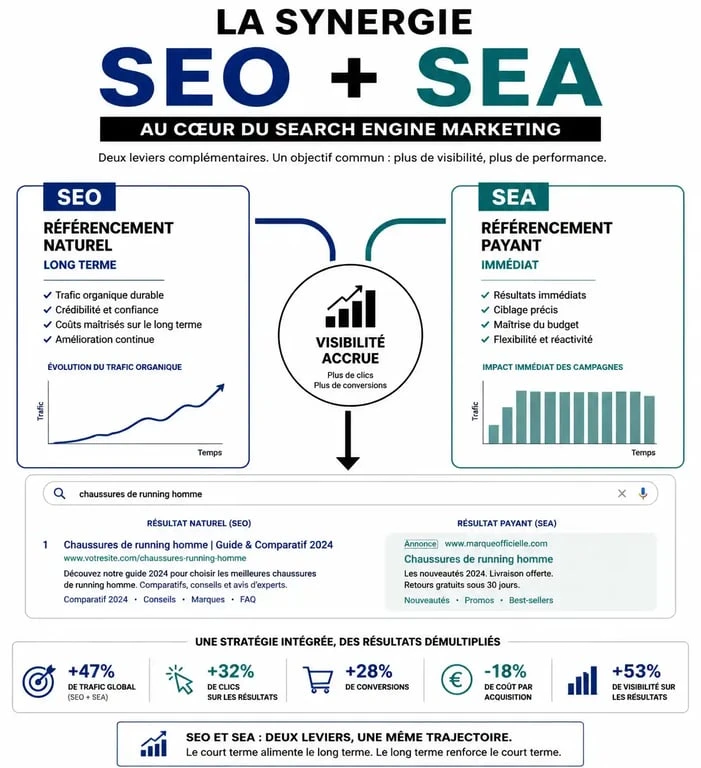 Infographie comparative SEO et SEA pour une stratégie de Search Engine Marketing efficace