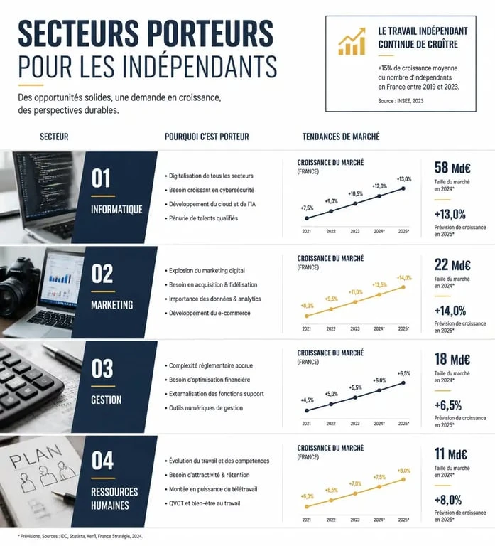 Infographie des secteurs qui recrutent pour un emploi pour indépendant