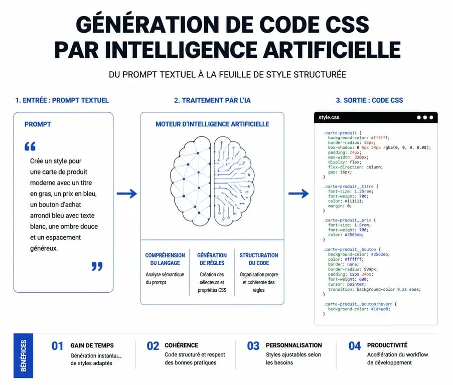 Schéma du fonctionnement de l'IA pour générer du code CSS