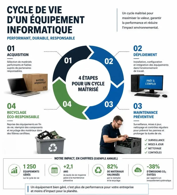 Schéma du cycle de vie d'un équipement dans le cadre de la gestion de parc informatique
