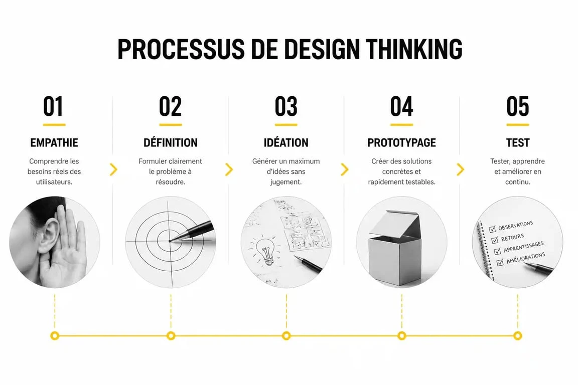 Schéma des 5 étapes du processus design thinking pour l'innovation