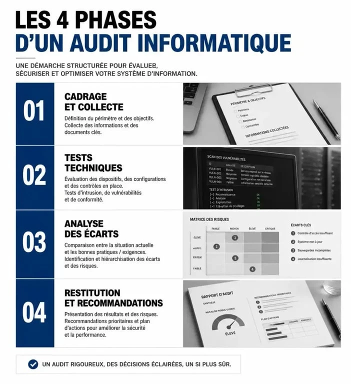 Infographie des 4 étapes clés d'un audit en informatique pour les entreprises