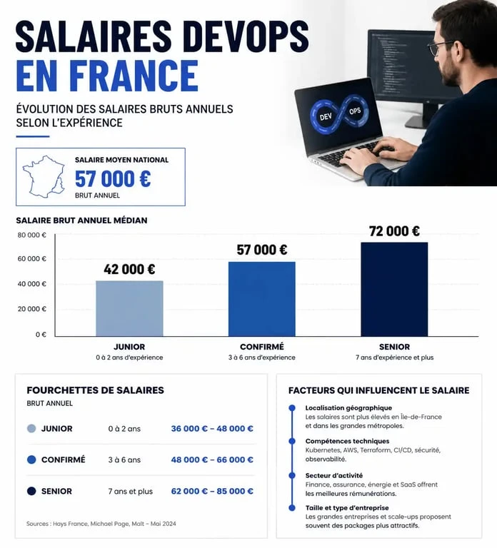 Infographie sur les salaires des ingénieurs DevOps en France selon l'expérience
