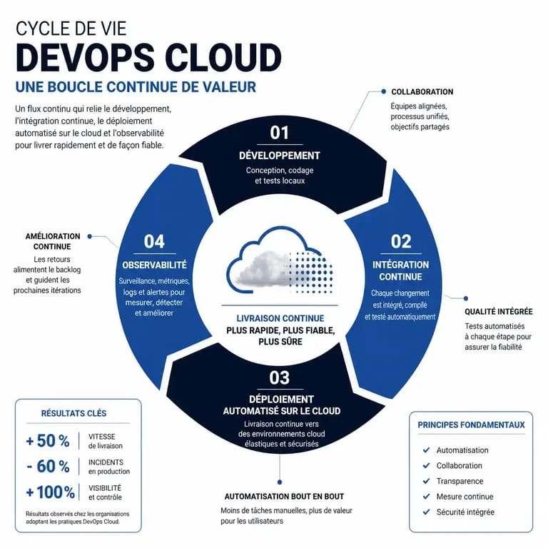 Schéma du cycle de vie DevOps Cloud illustrant l'automatisation et l'intégration continue