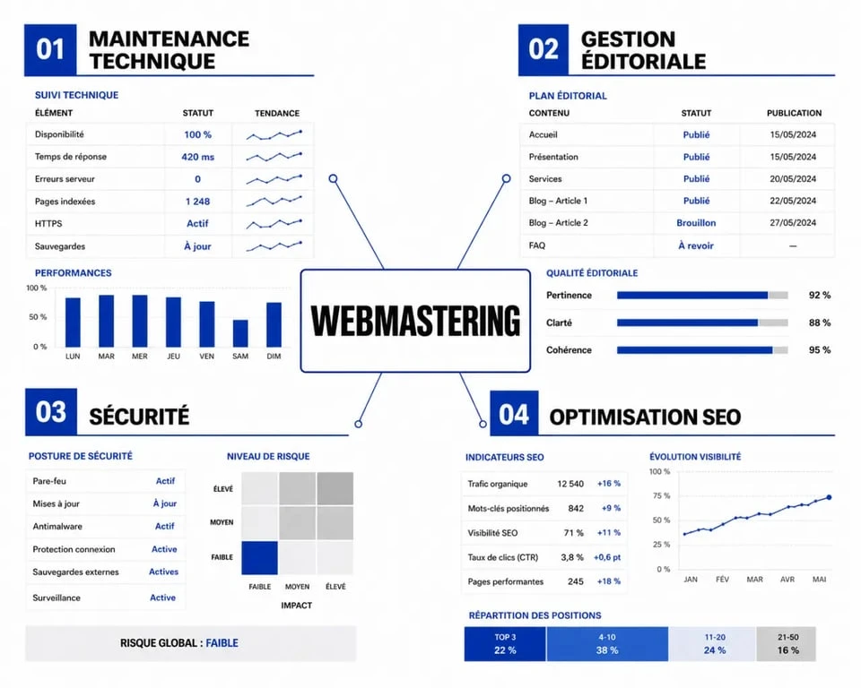 Schéma des quatre piliers du webmastering : technique, éditorial, sécurité et SEO pour une gestion de site performante.