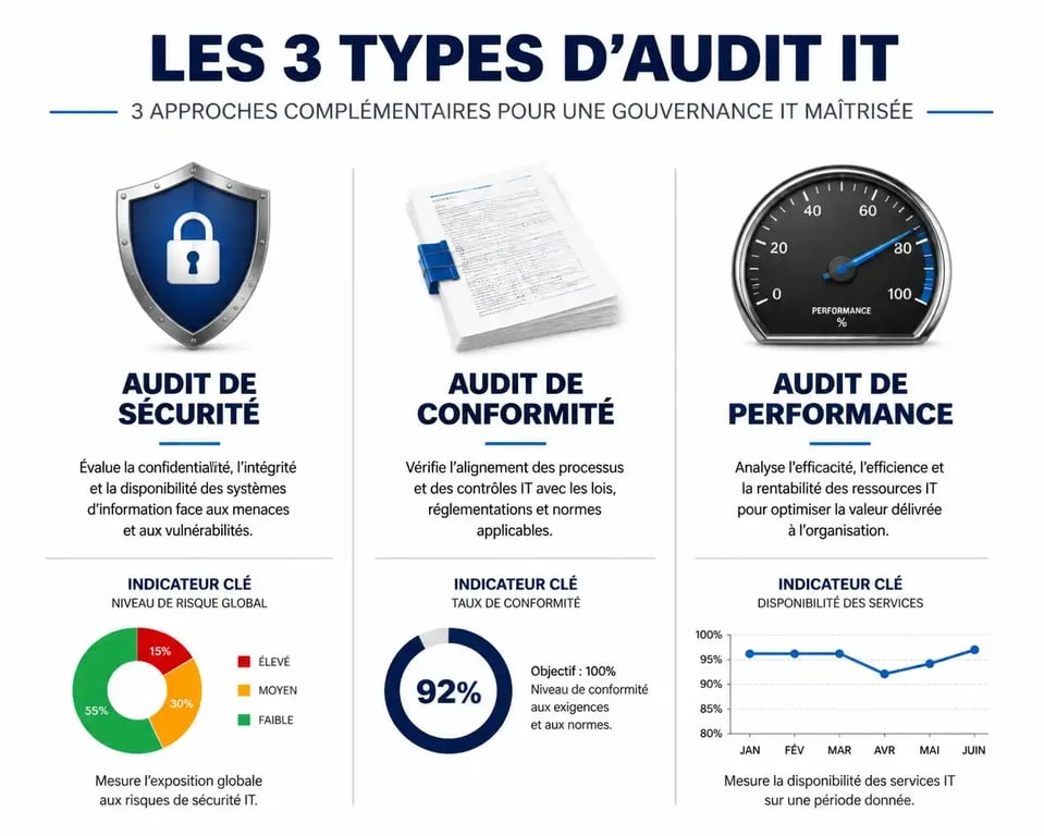 Infographie des trois types d'audit informatique en entreprise : sécurité, conformité et performance.
