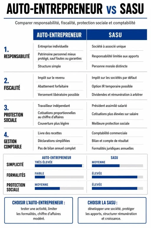 Comparatif auto-entrepreneur ou SASU : différences de fiscalité, charges et protection sociale pour choisir son statut juridique.