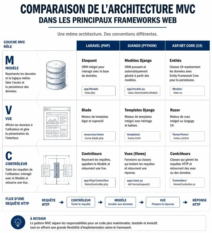 Schéma illustrant l'architecture MVC d'un web application framework