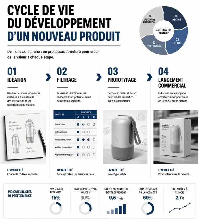 Schéma du processus de développement d'un nouveau produit : de l'idéation au lancement commercial