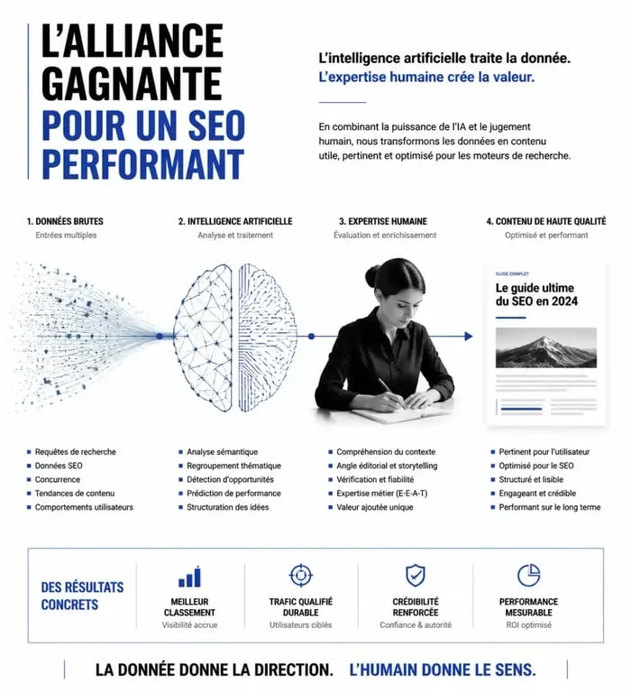 Infographie sur l'impact de l'IA SEO et la stratégie hybride