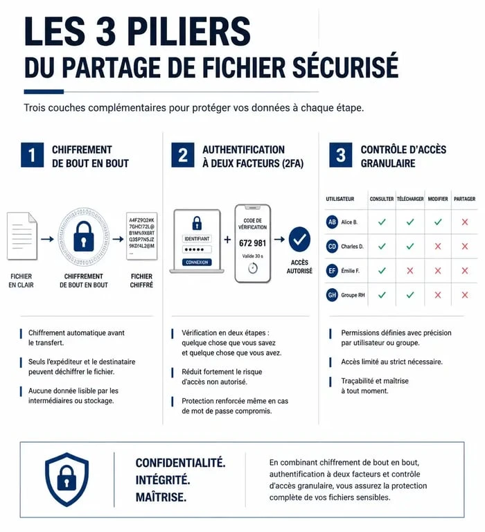 Infographie sur les piliers du partage de fichier en ligne sécurisé : chiffrement, 2FA et contrôle d'accès.