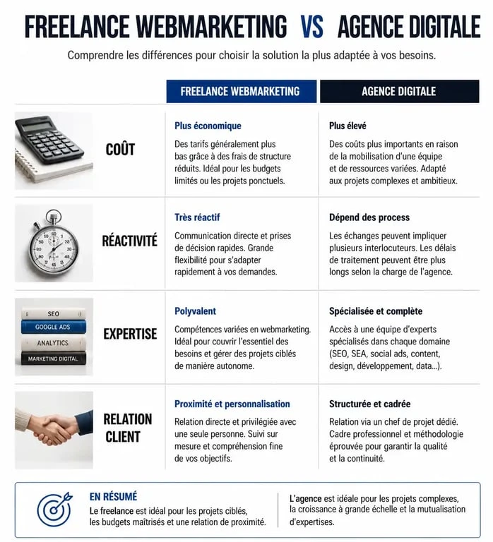 Infographie comparative : Freelance webmarketing vs Agence digitale pour choisir son prestataire