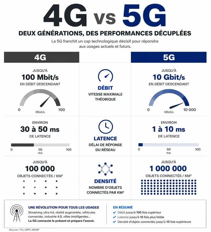 Infographie comparative des performances techniques entre la 4G et la 5G