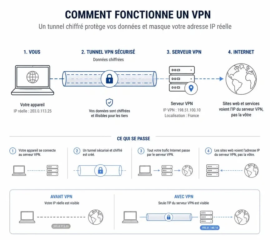 Schéma explicatif du fonctionnement d'un VPN et du masquage d'adresse IP