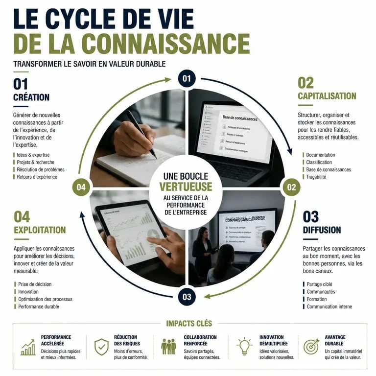 Schéma du cycle de vie de la gestion de la connaissance en entreprise