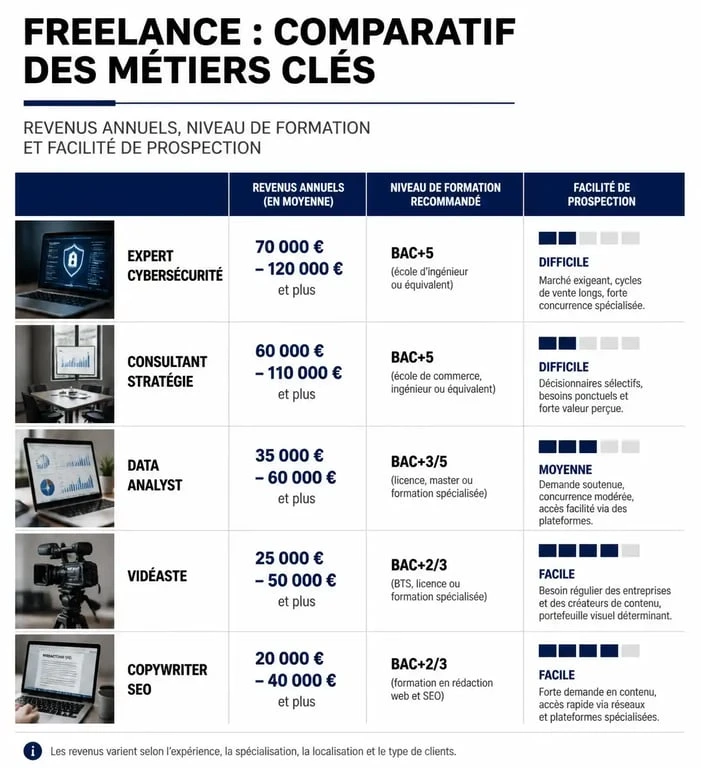 Infographie comparative des métiers à son compte qui payent bien : revenus, formation et prospection.