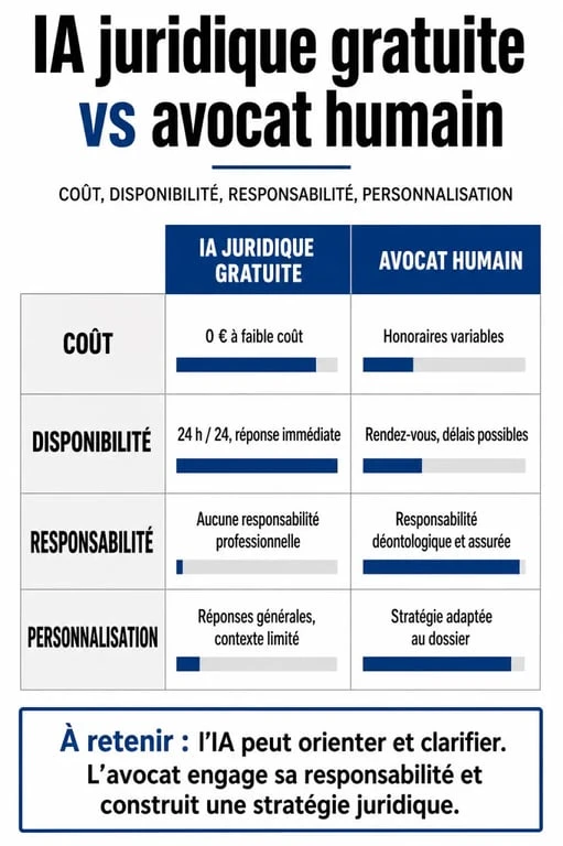 Infographie comparative entre l'IA juridique gratuite et l'avocat pour comprendre les limites et avantages de chaque solution.