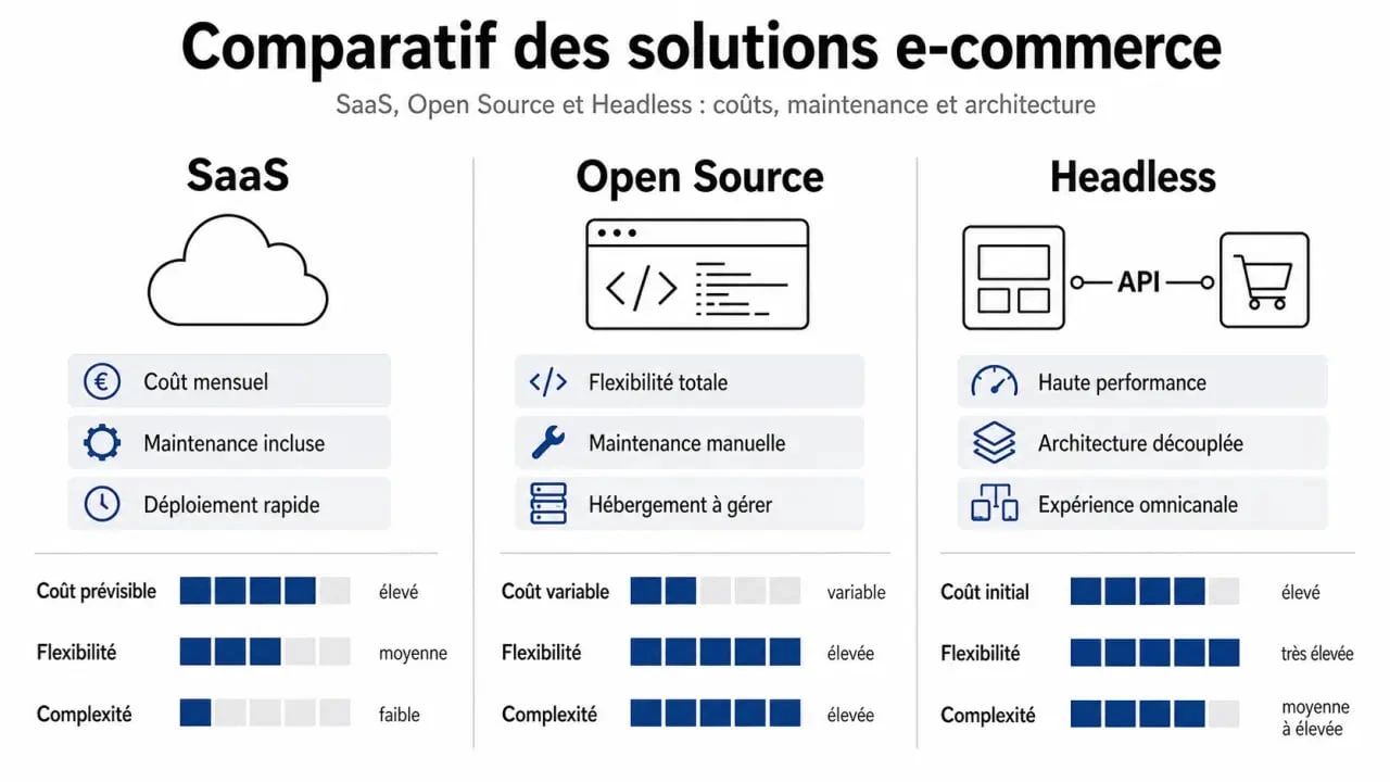 Infographie comparative des solutions e-commerce : SaaS, Open Source et Headless pour choisir la meilleure plateforme.
