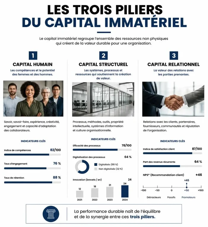 Infographie des trois piliers du capital immatériel : humain, structurel et relationnel pour la valorisation des ressources immatérielles.