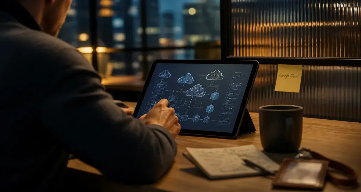 Google Cloud GCP : analyste analyse un schéma de données et nœuds en infrastructure cloud