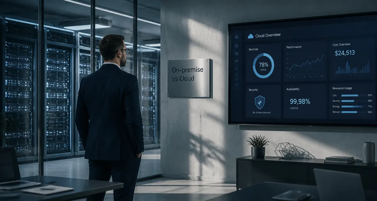 on premise vs cloud, responsable IT compare salle serveur et tableau de bord cloud