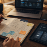 UX design : bureau avec wireframes et étapes de parcours UX