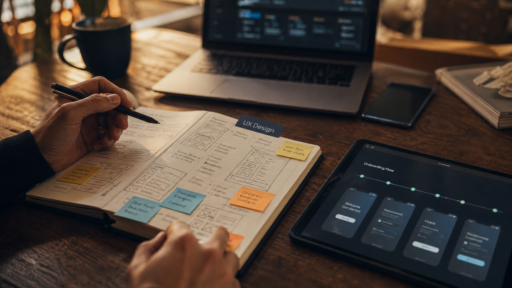 UX design : bureau avec wireframes et étapes de parcours UX
