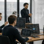 Développeurs discutant web application framework autour d'une table
