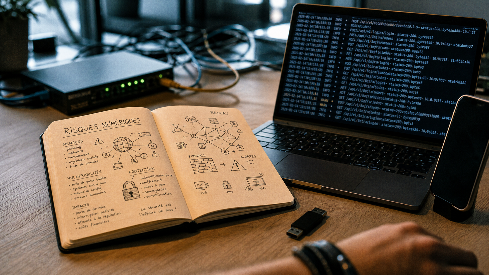 Apprendre la cybersécurité : carnet et labs sur ordinateur, logs et risques numériques