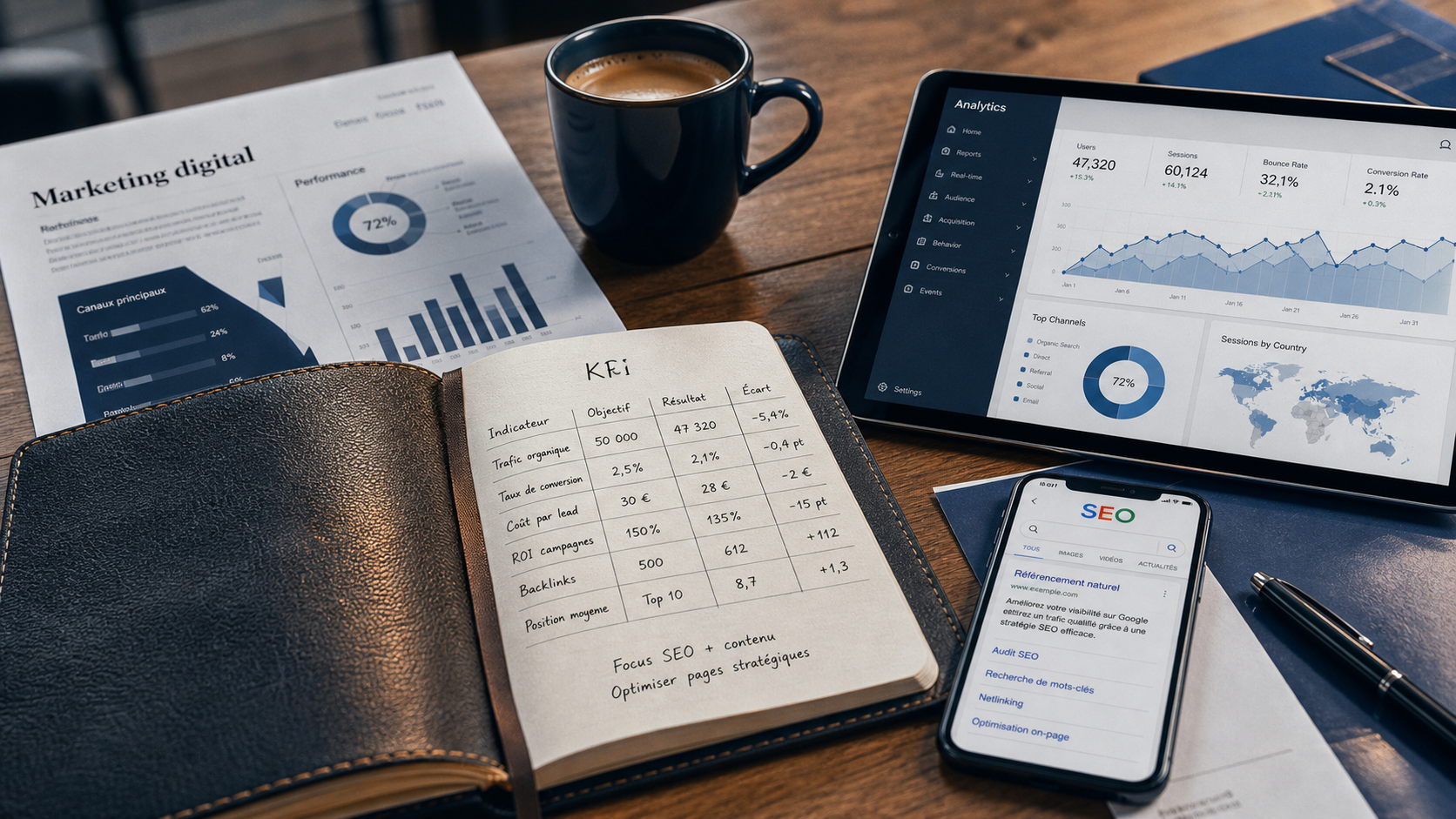 C quoi le marketing digital : KPI, SEO et analytics sur tableau de bord