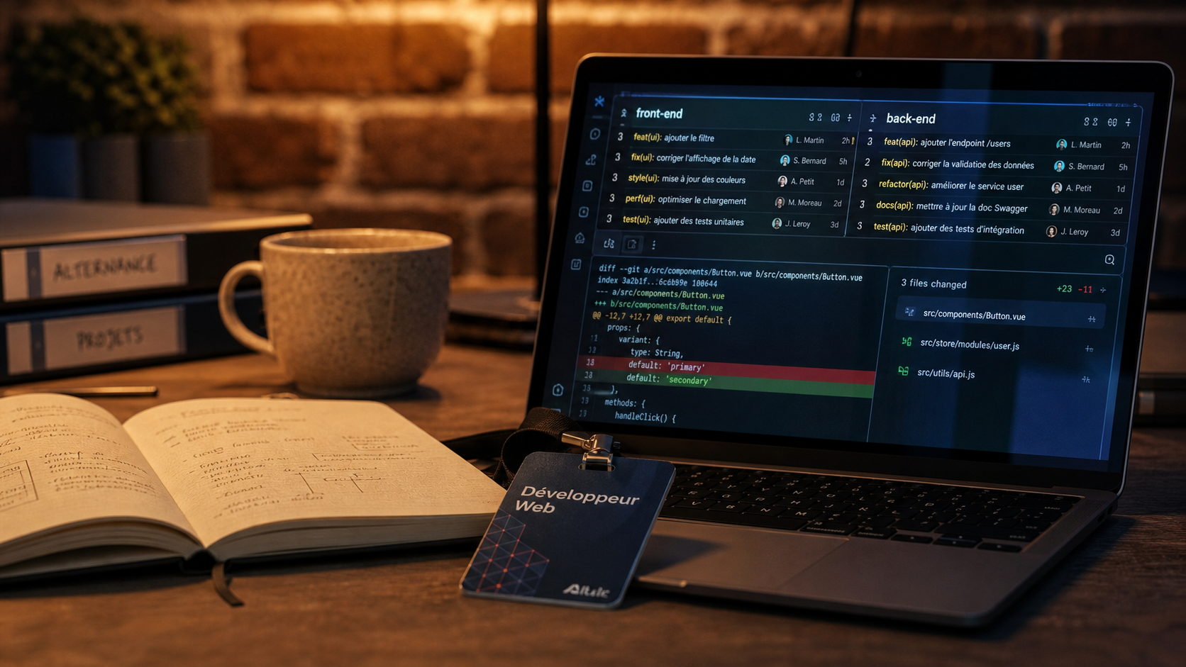 Développeur web paris : badge, carnet et code front-end back-end sur PC