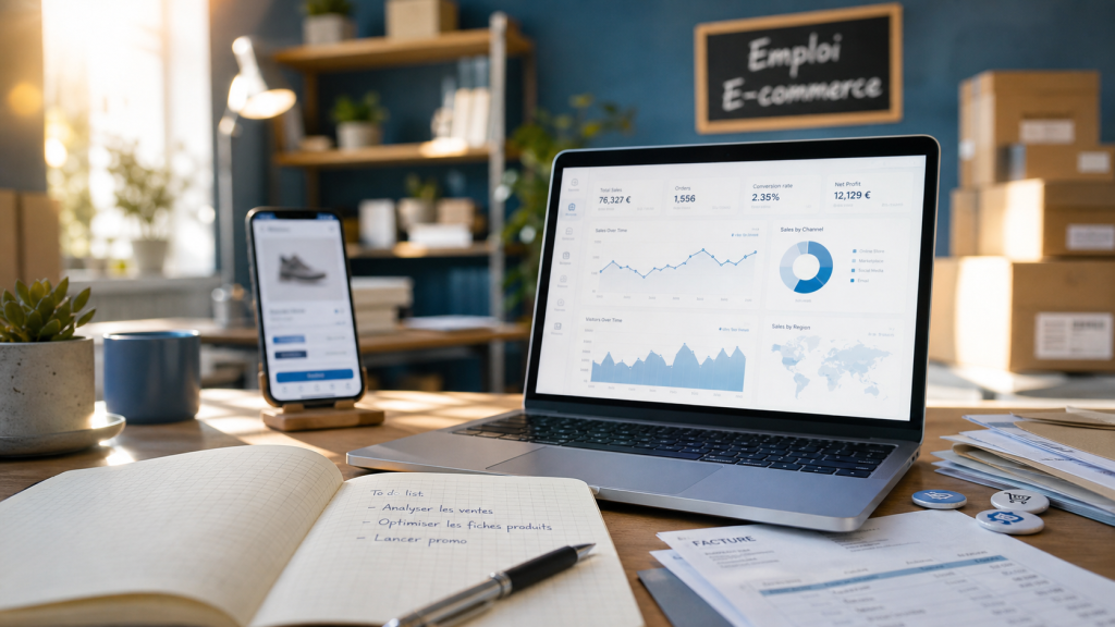 Emploi e commerce : bureau moderne avec KPI e-commerce et missions