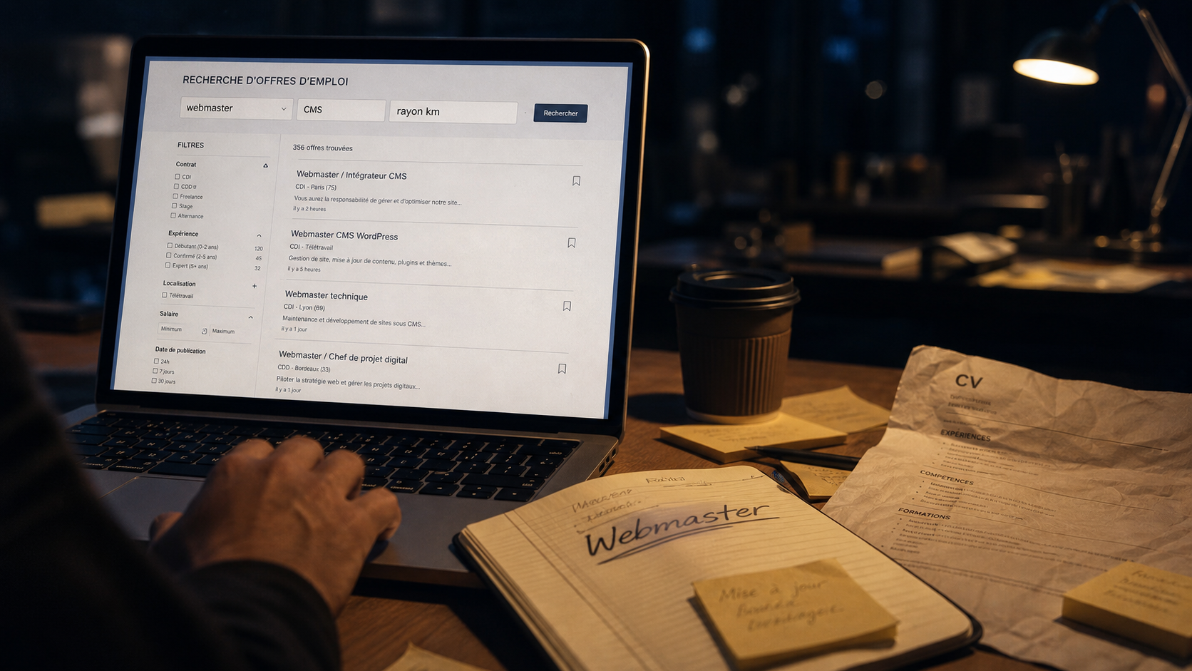 Emploi webmaster : filtres offres d’emploi sur écran
