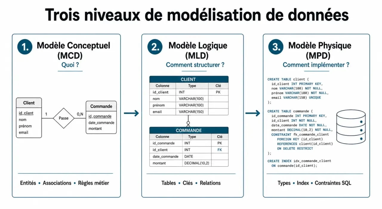 Schéma illustrant les trois niveaux de modélisation de données : MCD, MLD et MPD pour un système d'information performant.