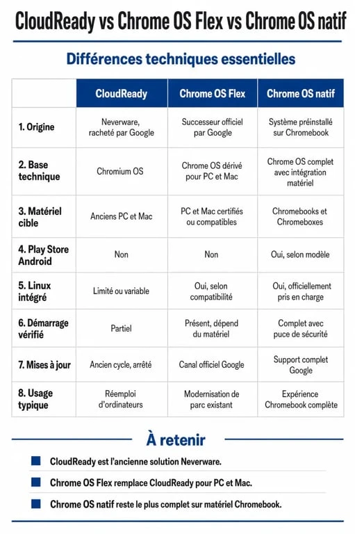 Comparatif technique entre CloudReady, Chrome OS Flex et Chrome OS pour transformer un PC en Chromebook