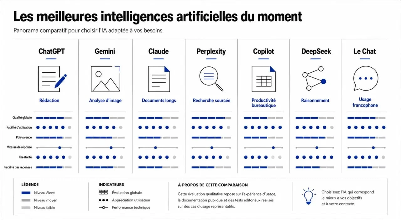 Quelle est la meilleure intelligence artificielle ? Comparatif visuel des IA leaders ChatGPT, Gemini, Claude, Perplexity, Copilot, DeepSeek et Le Chat