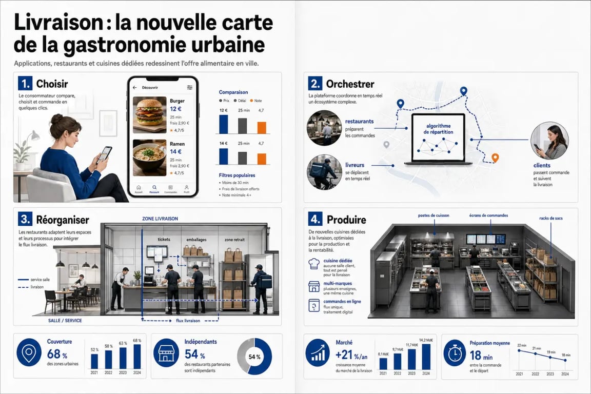 Comment les applications de livraison révolutionnent la gastronomie urbaine : infographie éditoriale sur les usages, les plateformes, les restaurants et les dark kitchens